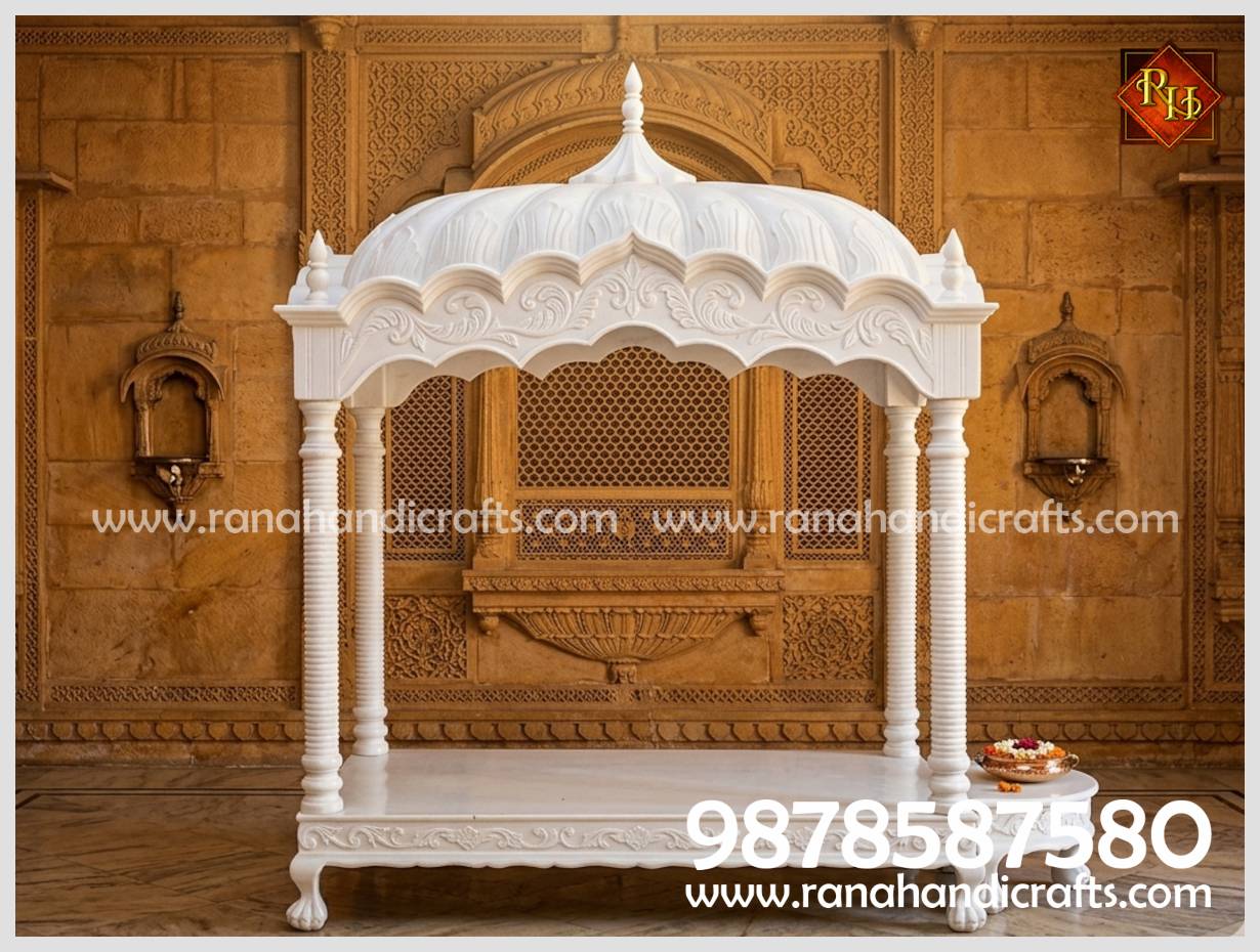 Fully assembled HM-03 White Palki Sahib for home, 5ft wide and 6.5ft high, set against a traditional background. (Edited Using GeminiAI)