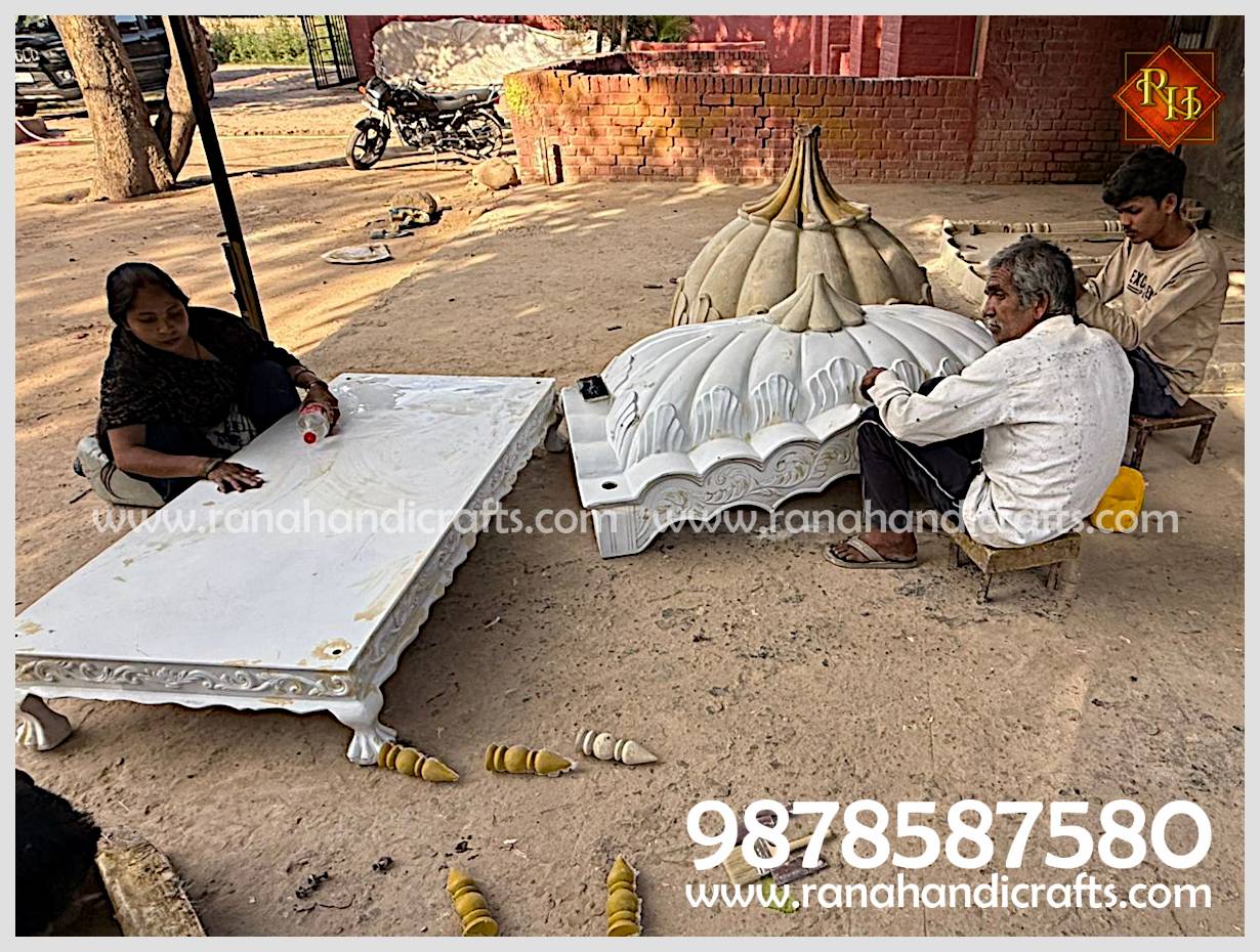 Artisans at Rana Handicrafts hand-finishing the white silicon fiber dome and base of the HM-03 Palki Sahib.