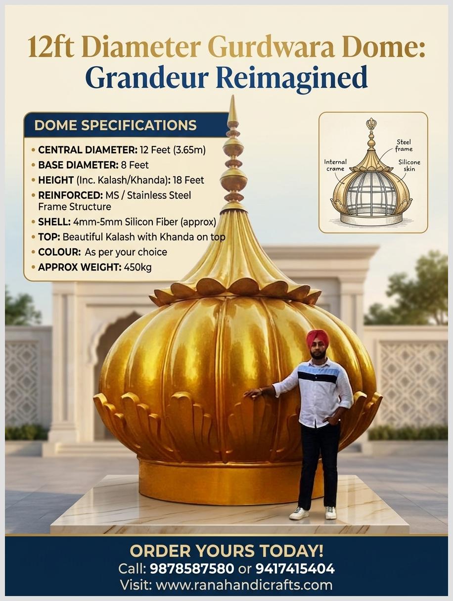 12ft Diameter Golden Gurdwara Dome featuring a reinforced stainless steel frame and beautiful Kalash. Most popular model in USA and Canada. Clarity refined by Gemini AI.