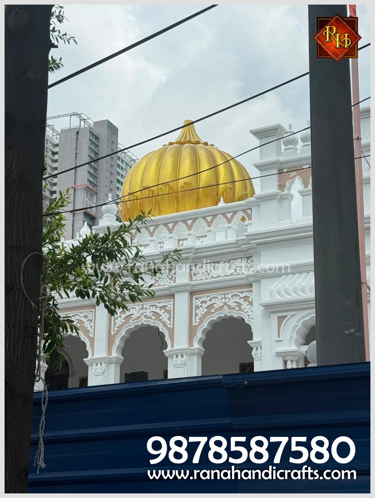 A zoomed-in view of the golden gurdwara dome's design and the architectural details of the base structure installed at Wadda Gurdwara Sahib Penang.