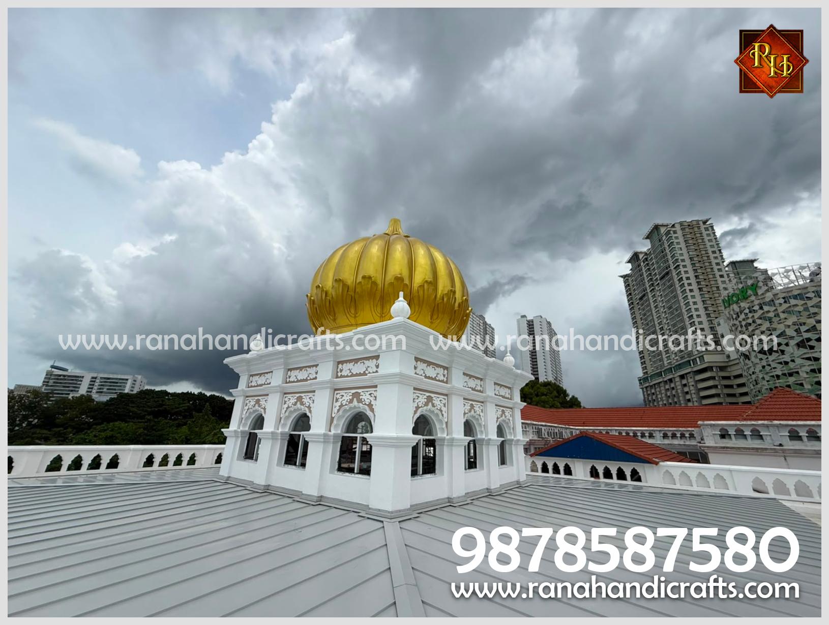 An aerial perspective of the 20ft golden dome installed at Wadda Gurdwara Sahib Penang, showcasing the craftsmanship of Rana Handicrafts International.