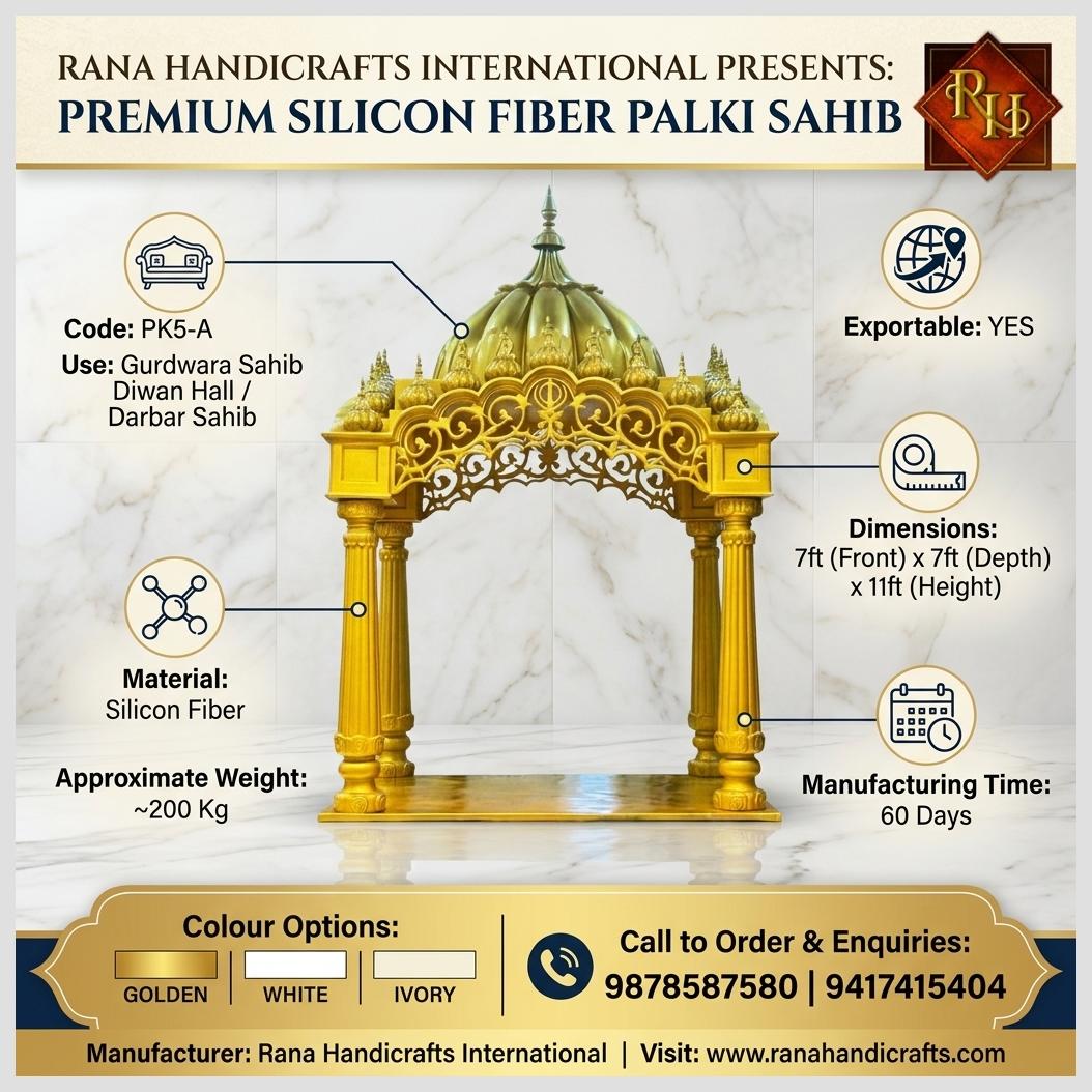 Premium PK5-A Silicon Fiber Palki Sahib with intricate carvings and golden finish, designed for Gurdwara Diwan Halls. Lighting and clarity enhanced by Gemini AI.