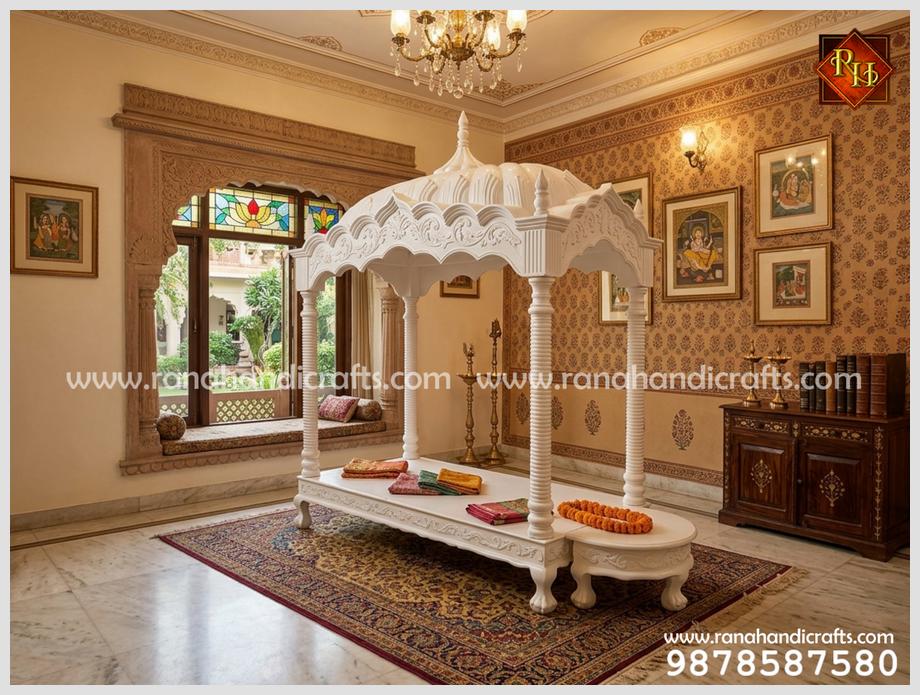 White HM03 Palki Sahib installed in a beautiful home setting, showcasing the elegant pillars and dome structure. High-fidelity image presentation supported by Gemini AI.