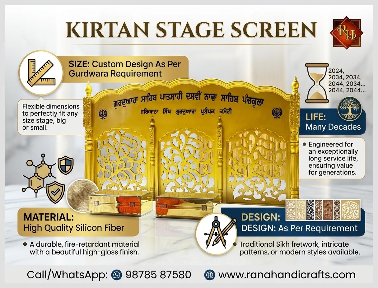 A large, ornate golden Kirtan stage screen made of silicon fiber with intricate floral carvings and Gurmukhi text, designed for a Gurdwara stage background by Rana Handicrafts International.