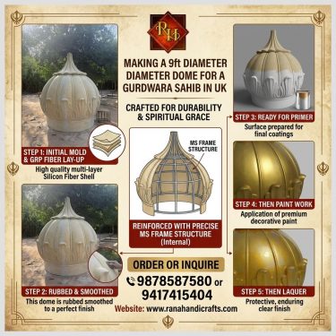 Collage showing the manufacturing stages of a 9ft golden silicon fiber Gurdwara dome with MS frame reinforcement, from smoothing to final lacquer finish.