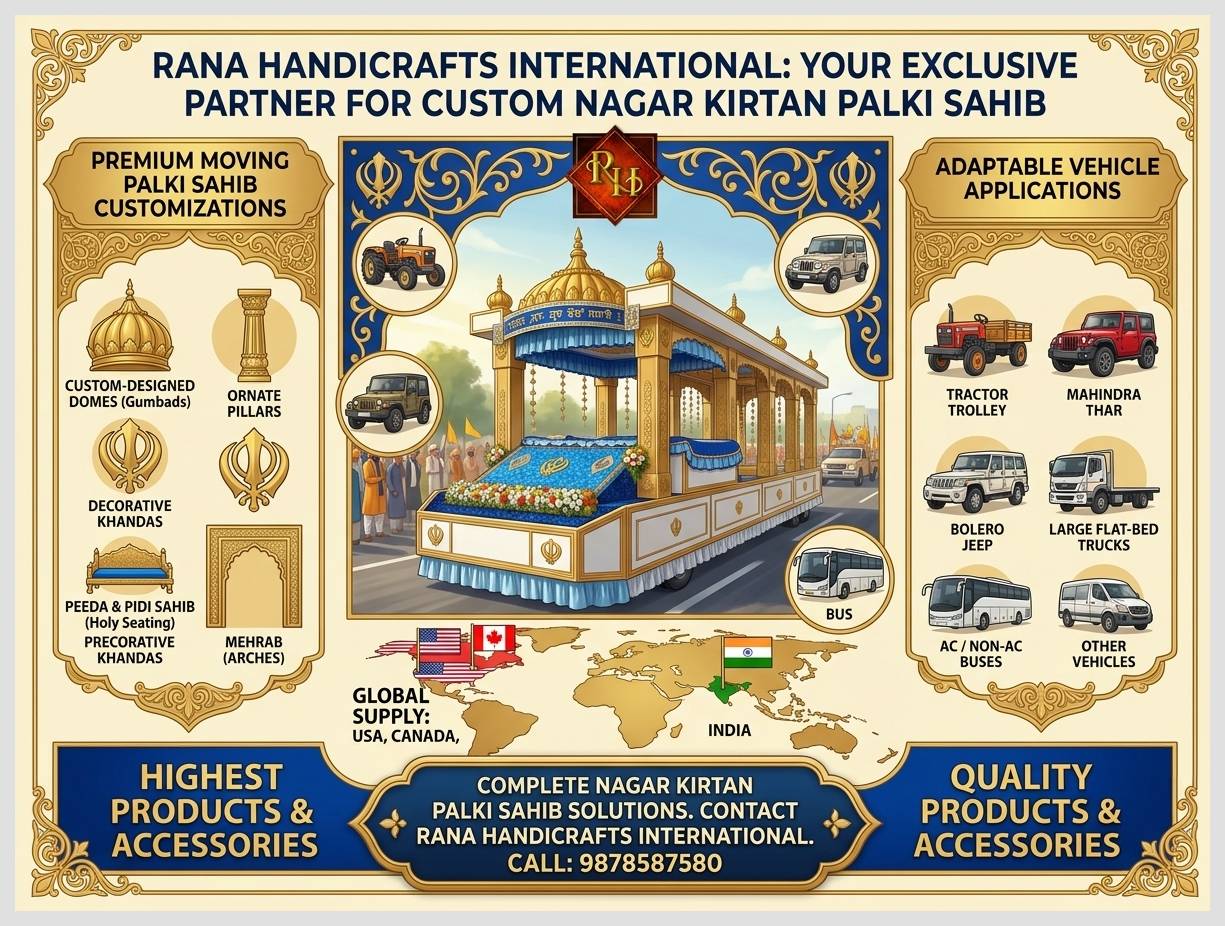 Accessories of a Nagar Kirtan Palki Sahib Offered by Us at the Best Price Possible in India and Overseas. Image digitally enhanced by Gemini AI for maximum detail.