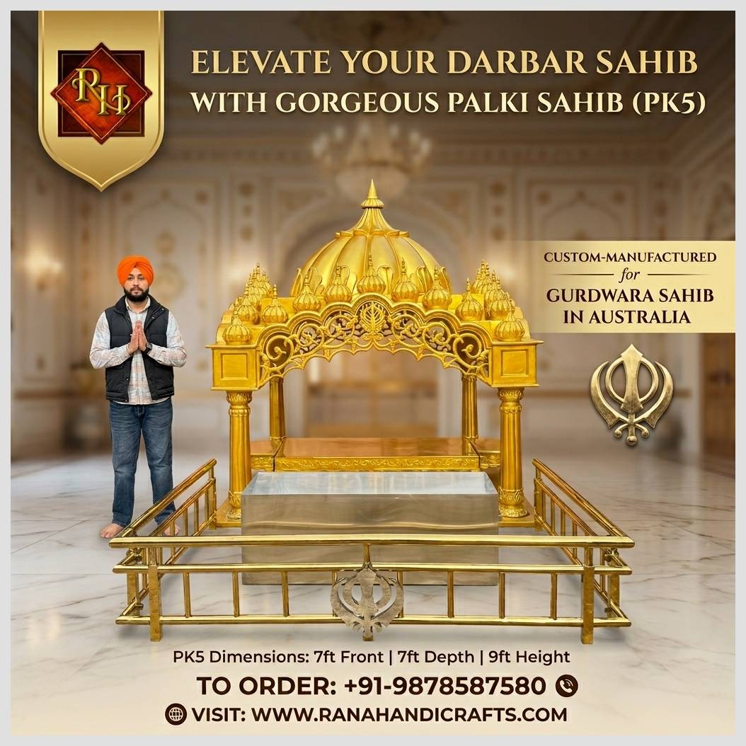 World's most loved Palki Sahib PK5 with Golden Jangla (with Khanda on front) and Golak as per your dimensions. Image digitally enhanced by Gemini AI for maximum detail.