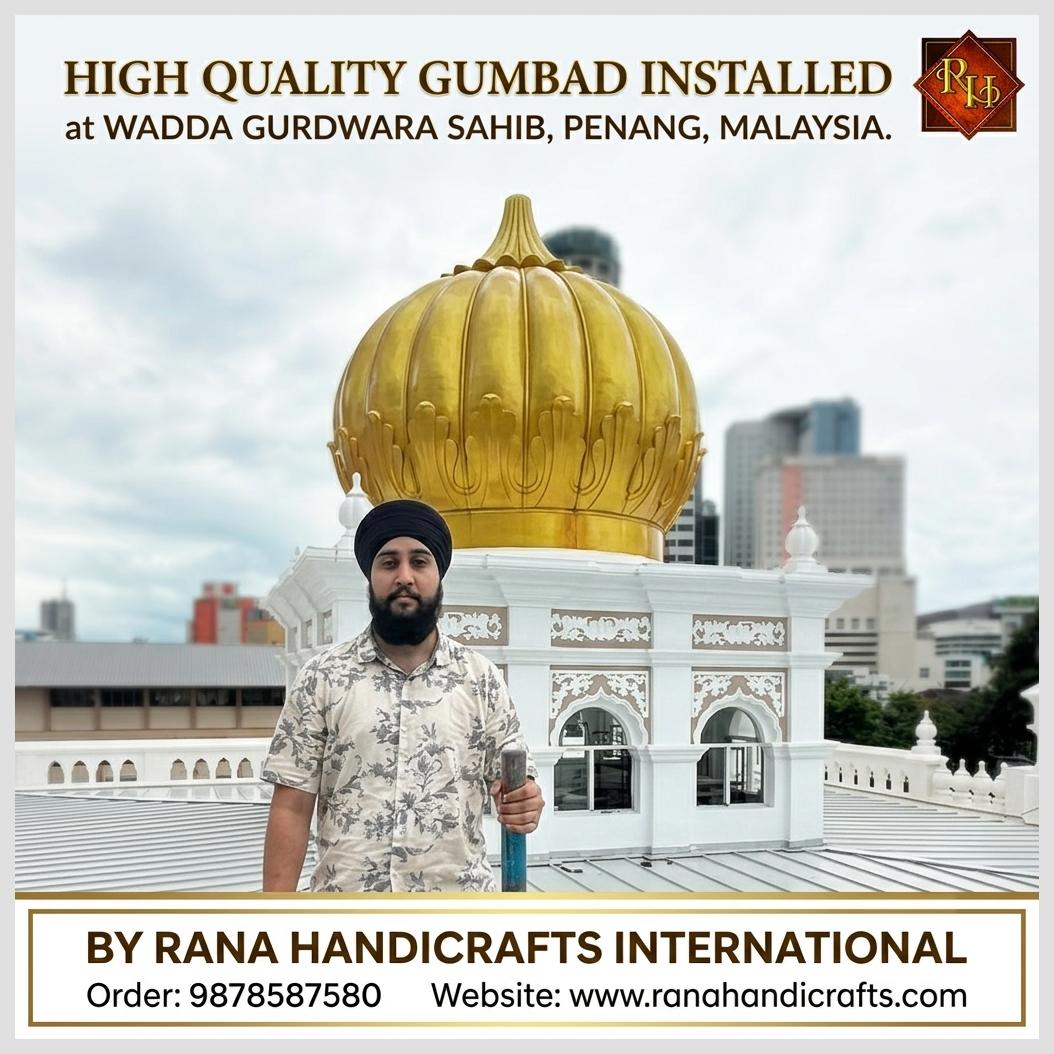 A very high quality Golden Coloured 20ft Diameter Gumbad Installed at Wadda Gurdwara Sahib in Penang - Malaysia - Enhanced using Gemini AI