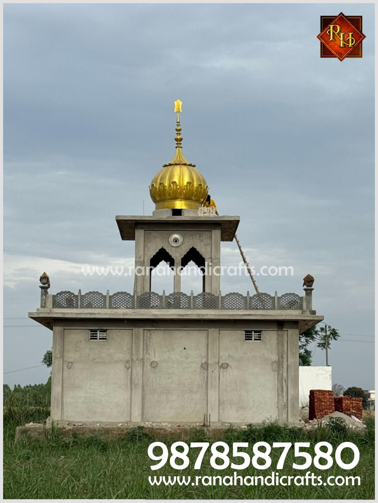 A 16ft tall golden silicon fiber dome with a 9ft diameter installed on the roof of Gurdwara Sahib in Village Todarpur, Hoshiarpur, by Rana Handicrafts International.