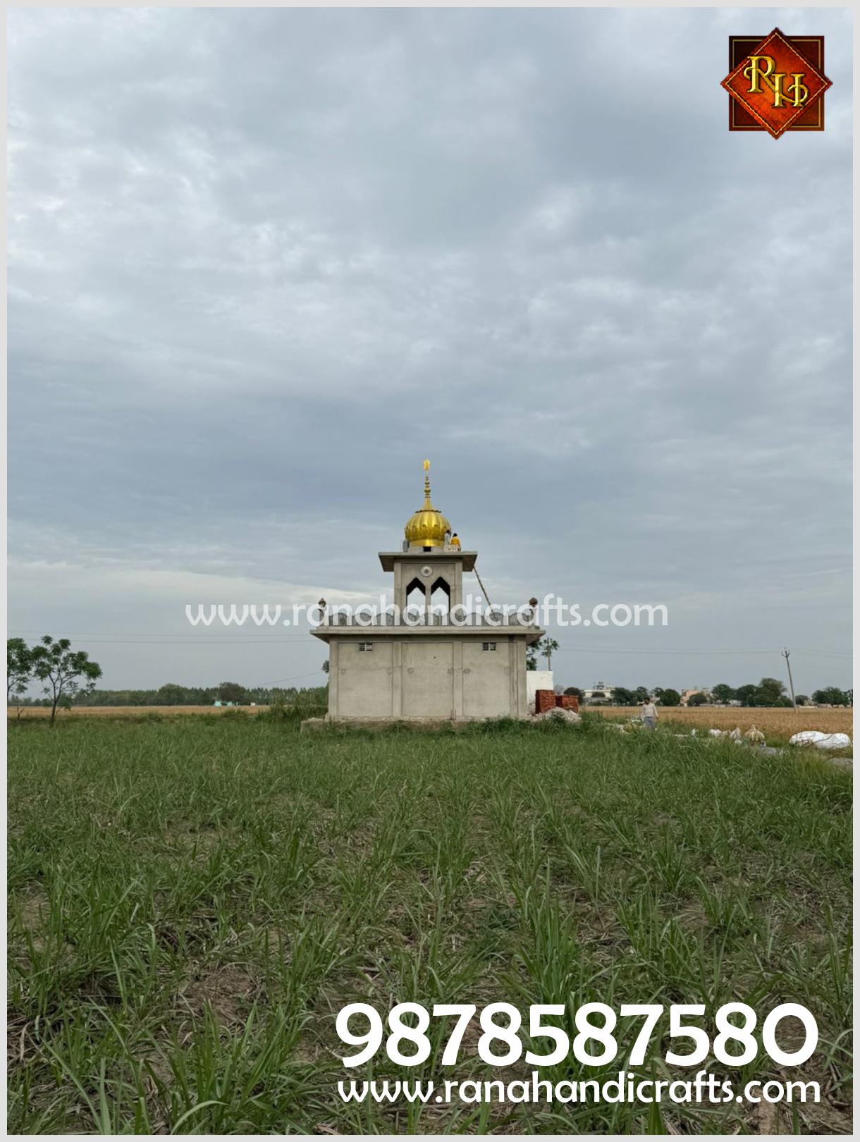 Wide shot of the Gurdwara Sahib in the fields of Todarpur village with the new golden dome
