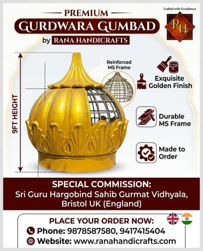 Showcasing a premium 9ft Golden Gurdwara Gumbad. Here we show a large golden dome with a reinforced MS frame cutout. It is made ready for Sri Guru Hargobind Sahib Gurmat Vidhyala in Bristol, UK.