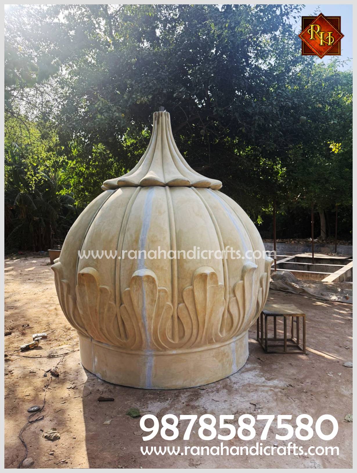 9ft Gurdwara Sahib Dome in its final rubbing phase prior to primer coat, showcasing the smooth surface and intricate lotus petal base design. Handcrafted for a Bristol, UK project.