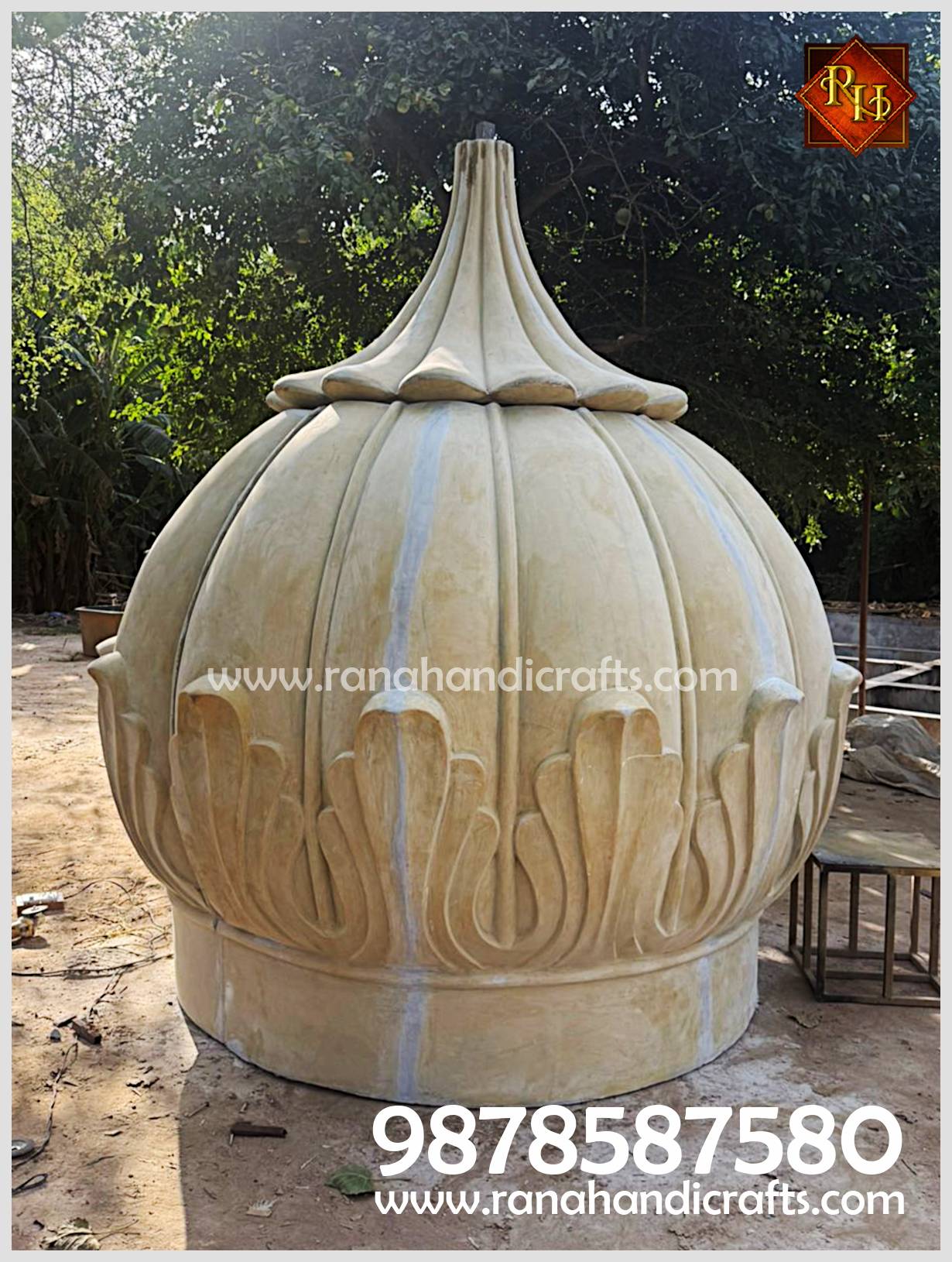 A close-up view of the 9ft Gumbad in its final rubbing phase prior to primer coat, showcasing the smooth surface and intricate lotus petal base design. Handcrafted for a Bristol, UK project.