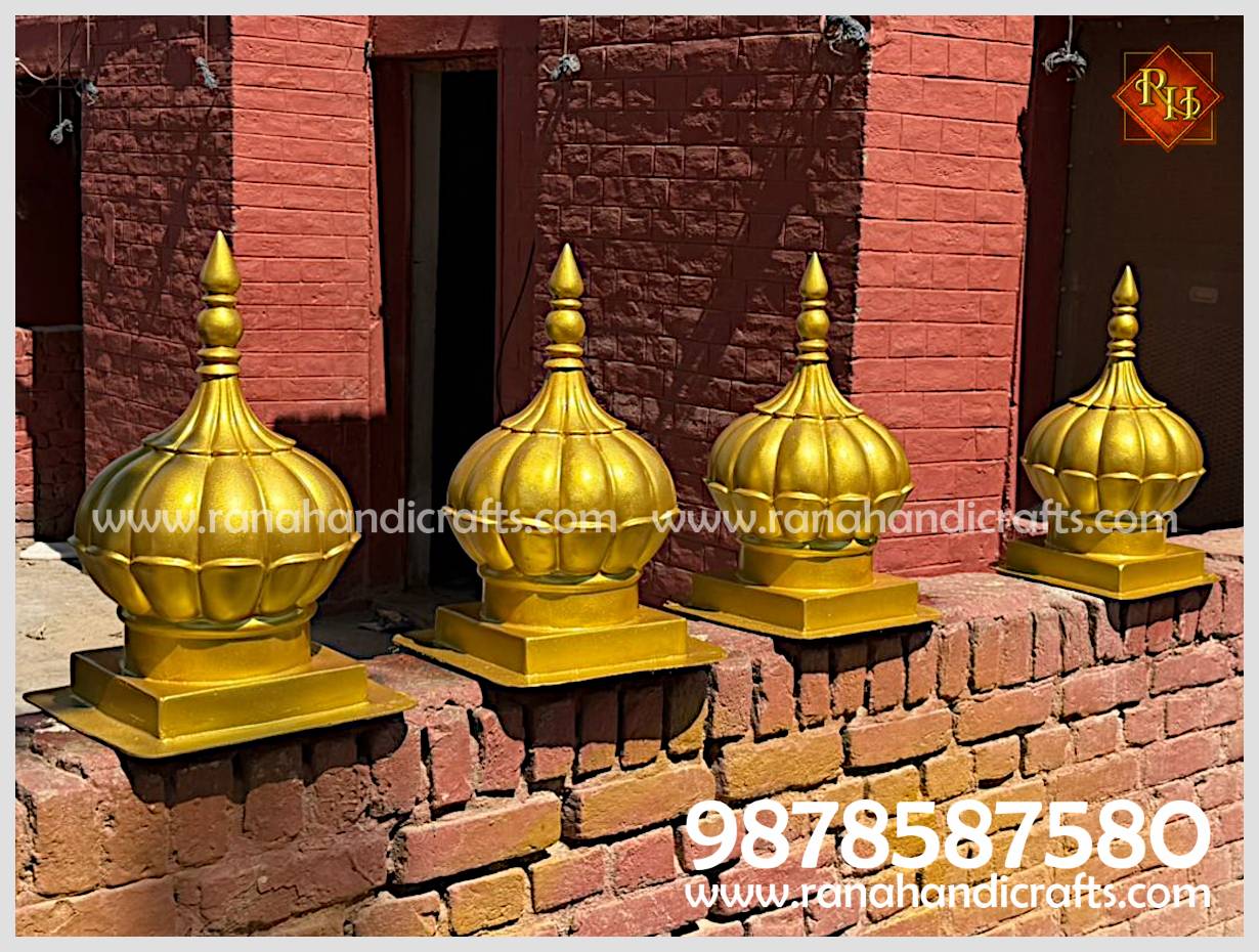 Side angle view of four small 1ft golden Gumbads by Rana Handicrafts, highlighting the traditional ribbed architecture and sun-catching radiance.