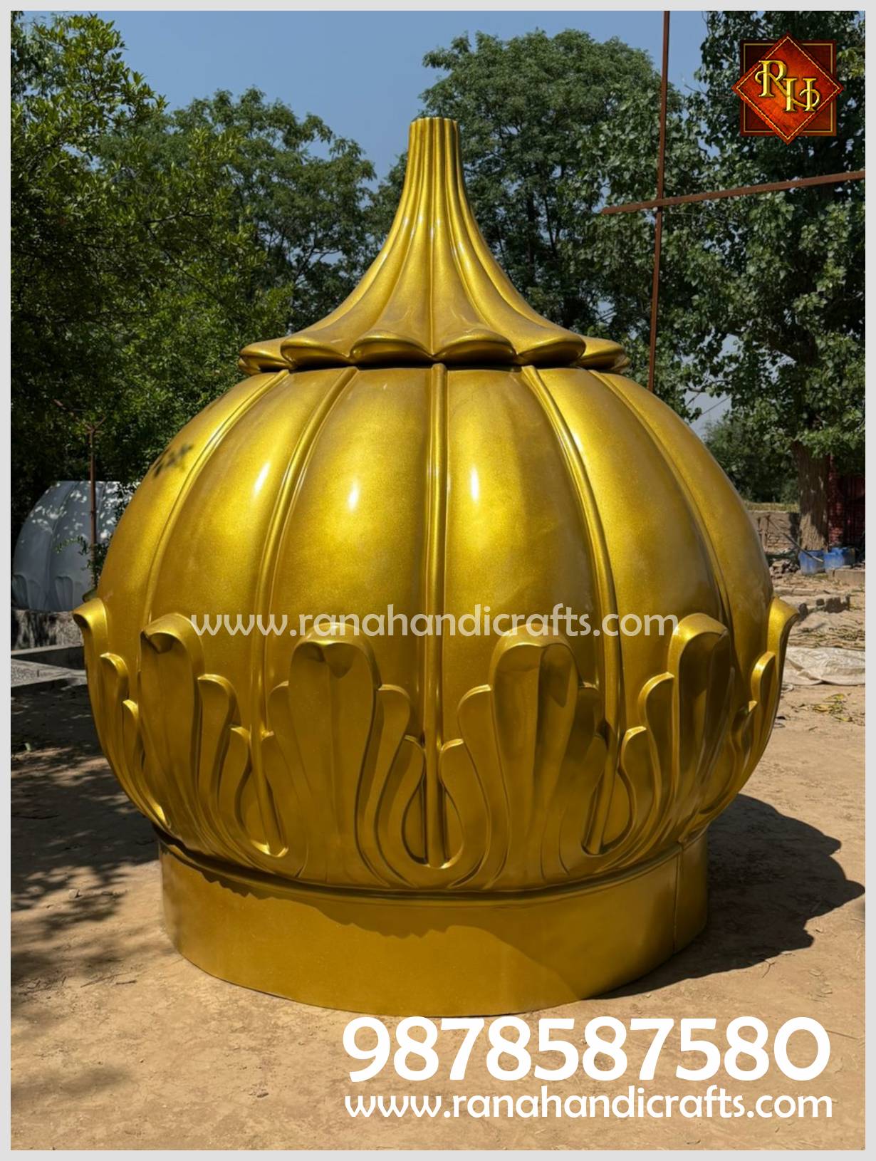 A detailed view of the 9ft golden dome handcrafted by Rana Handicrafts. This Gumbad, commissioned for Sri Guru Hargobind Sahib Gurmat Vidhyala in Bristol, UK, features complex ribbed and lotus petal patterns