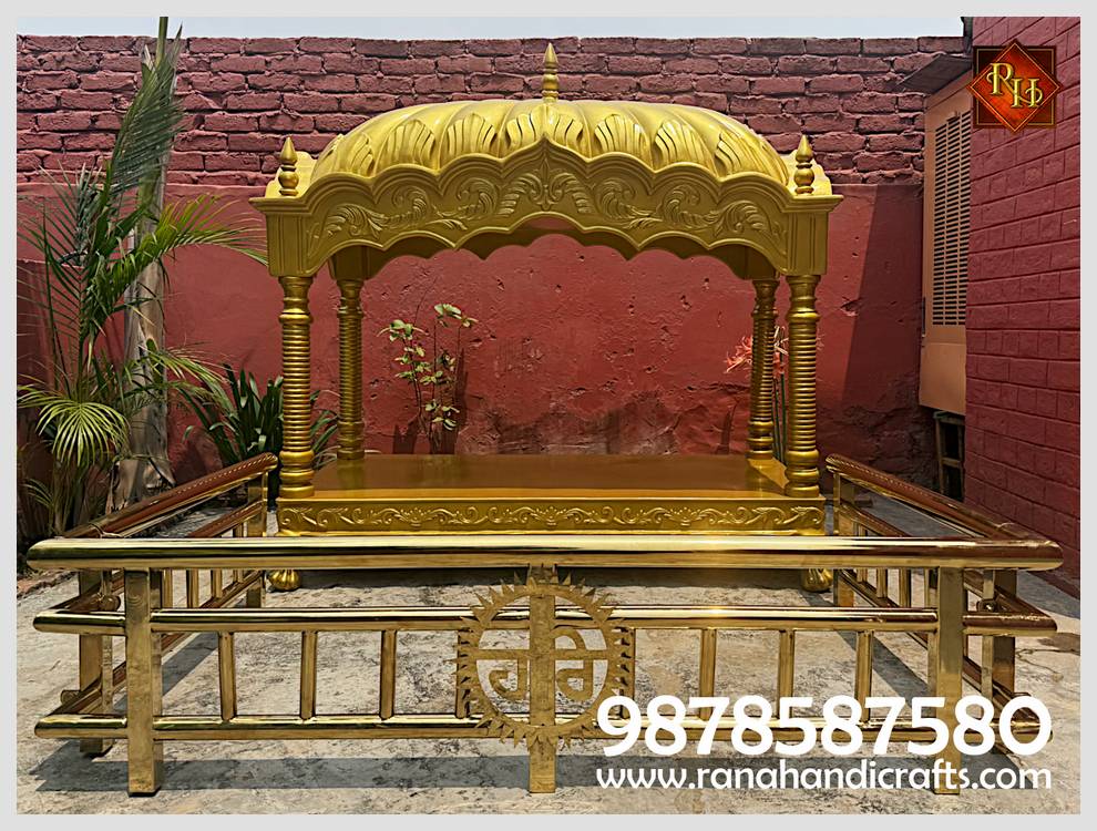 Elegant 5ft Palki Sahib with intricate golden carvings and glass-like lacquer finish for Amsterdam Gurdwara.