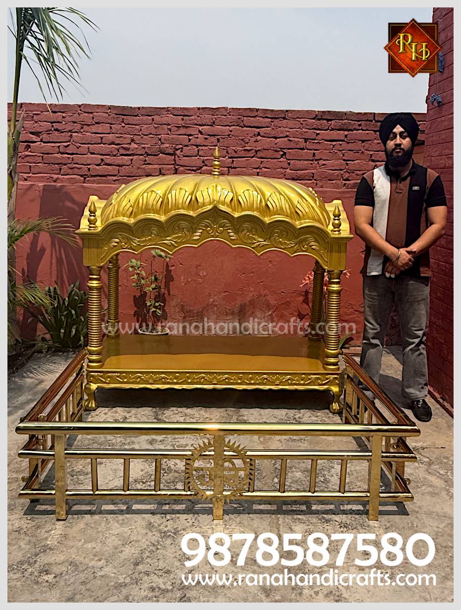 Uday Veer Singh Rana standing beside the custom Silicon Fiber Palki Sahib manufactured for the Netherlands Sangat.