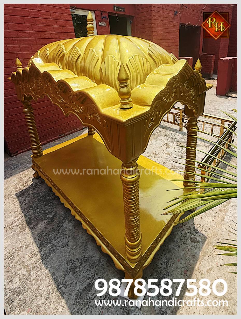 Close-up of the intricately carved golden dome of Palki Sahib Model HM-03 by Rana Handicrafts.