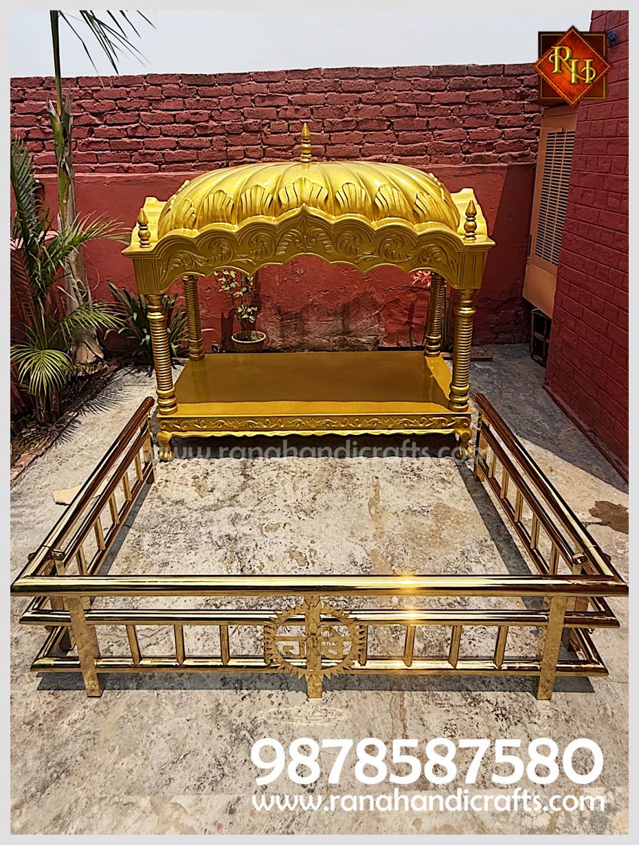 Full view of the custom Golden Silicon Fiber Palki Sahib with matching Golden Stainless Steel Jangla for Amsterdam Gurdwara.