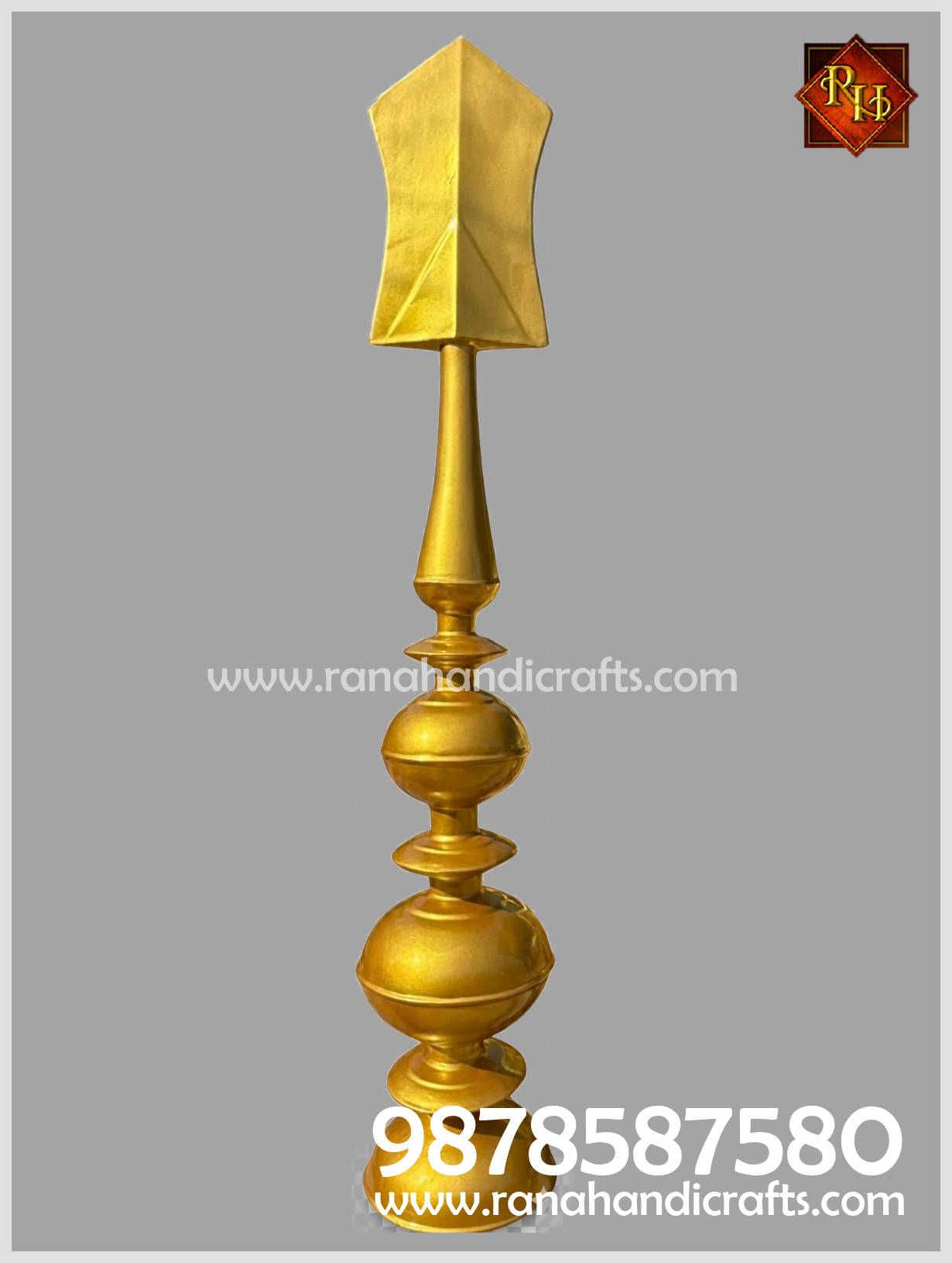 A top 6ft tall golden Khanda Sahib with a decorative base, designed to crown a Gurdwara dome. Crafted by Rana Handicrafts for the Bristol UK project. 