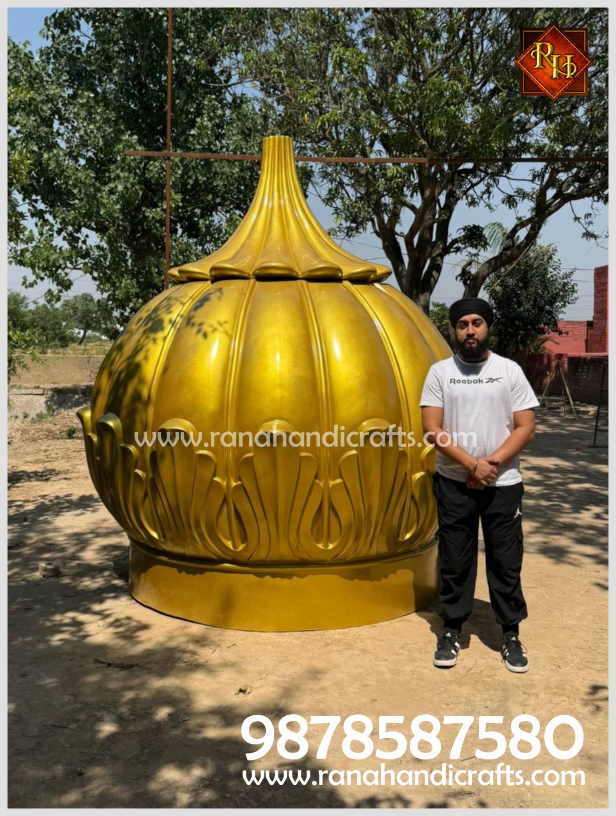 Uday Veer Singh Rana standing next to the completed 9ft golden dome. The beautiful Gumbad is ready for Sri Guru Hargobind Sahib Gurmat Vidhyala, Bristol, UK