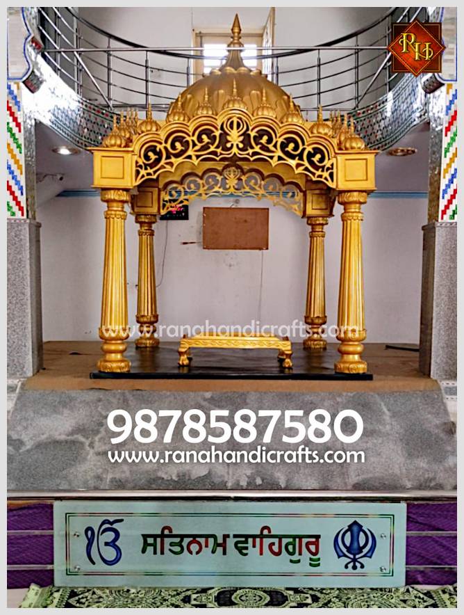 7ft by 7ft by 11ft golden Palki Sahib installed at Gurdwara Shaheed Bhai Mani Singh in Rajasthan.