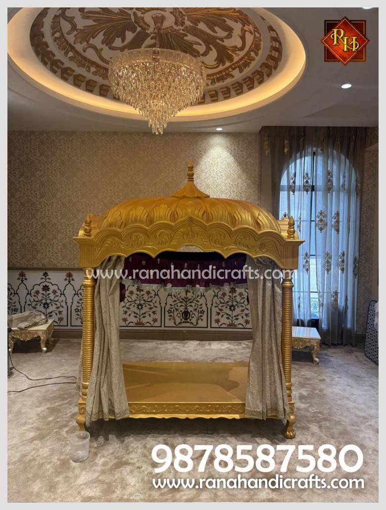 A wide, centered shot of the finished Palki Sahib installed in a home setting, highlighting the beautiful ceiling and decor.