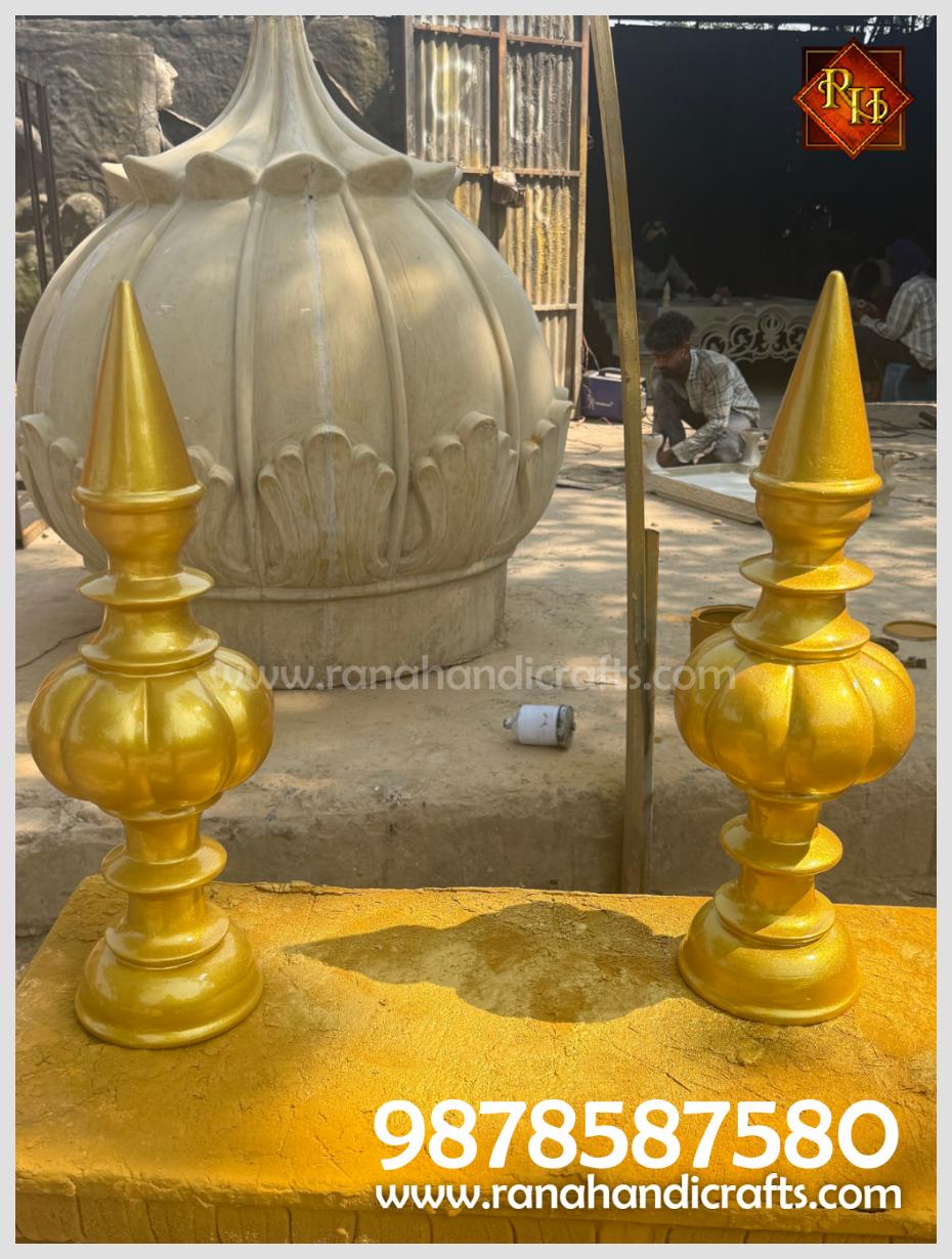 Two polished golden Kalash finials for the top of the Palki Sahib