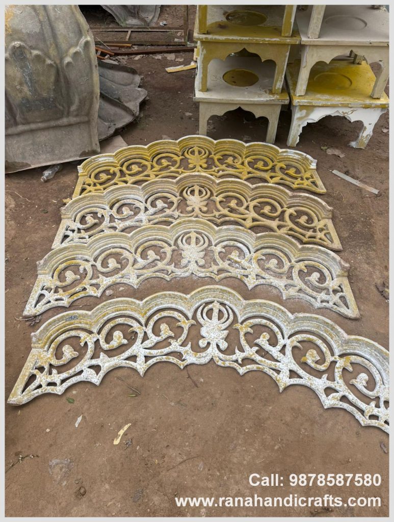 Designer front panel of a 7ft x 7ft x 9ft Palki Sahib being manufactured by Rana Handicrafts International using high quality silicon fiber