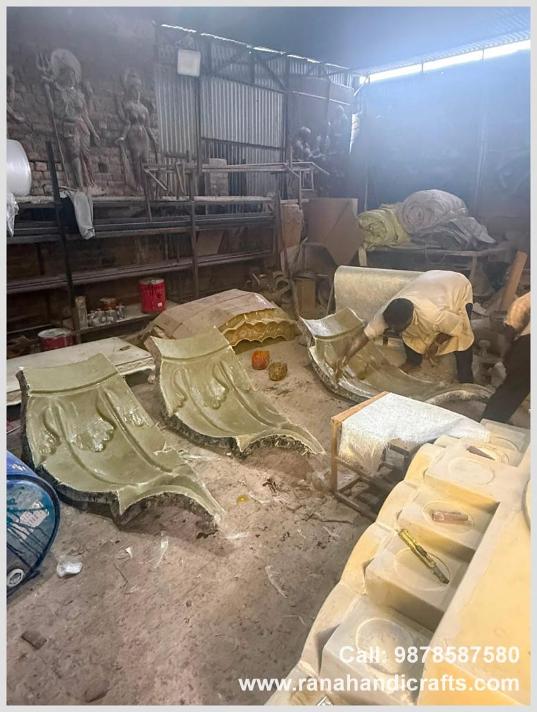 Beautiful, curved golden dome shell sections for a 6ft dome being handcrafted by Rana Handicrafts International using high quality silicon fiber