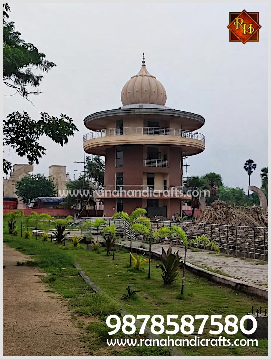 A 14ft diameter dome installed by Rana Handicrafts International on a Sikh Library at Patna Sahib in Bihar, viewed from a landscaped pathway.