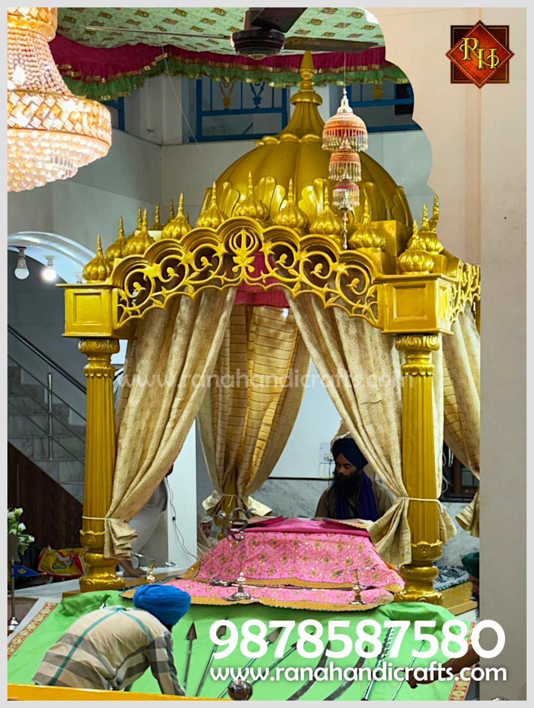Close-up view of the 33-dome gold finish Palki Sahib structure with reinforced MS frame installed at Dera Bassi Gurudwara