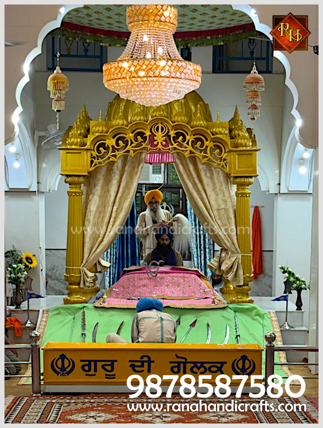 Sevadar performing service near the newly installed Palki Sahib model PK5-A featuring 5ft pillars and 33 domes by Rana Handicrafts International.