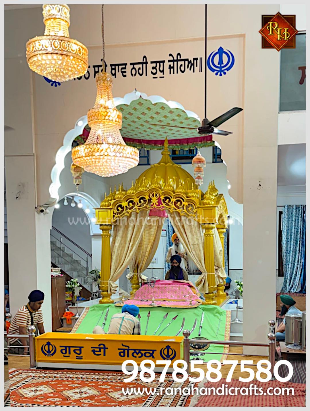 Wide angle view of the diwan hall showing the grand Palki Sahib setup with Peeda Sahib and Pidi Sahib at Dera Bassi Punjab