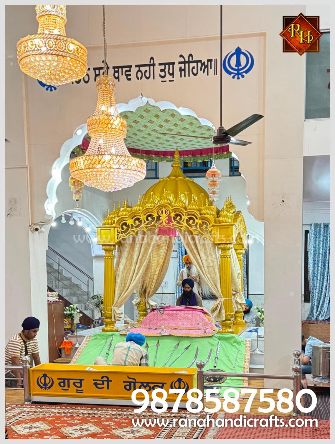 Beautiful interior view of Gurudwara Singh Sabha Dera Bassi highlighting the majestic craftsmanship of Rana Handicrafts Palki Sahib