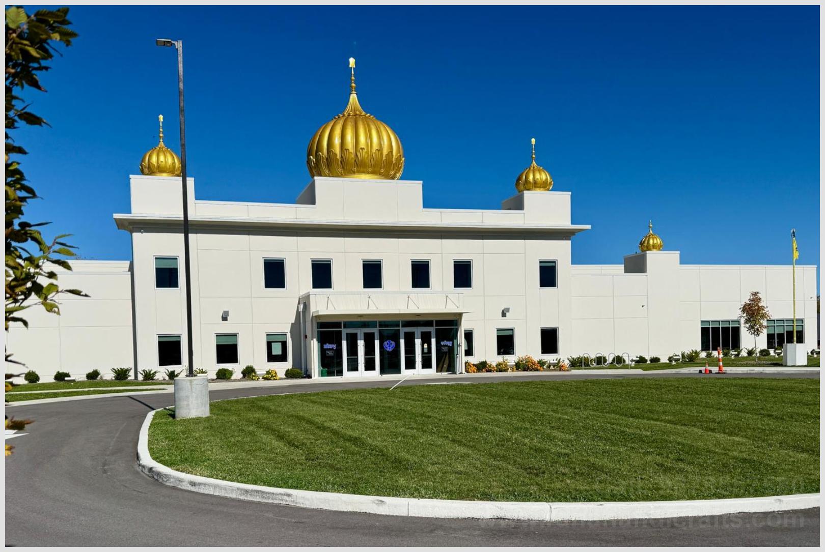 Front view of Sikh Satsang Gurdwara Sahib building featuring 20ft central golden dome manufactured by Rana Handicrafts International